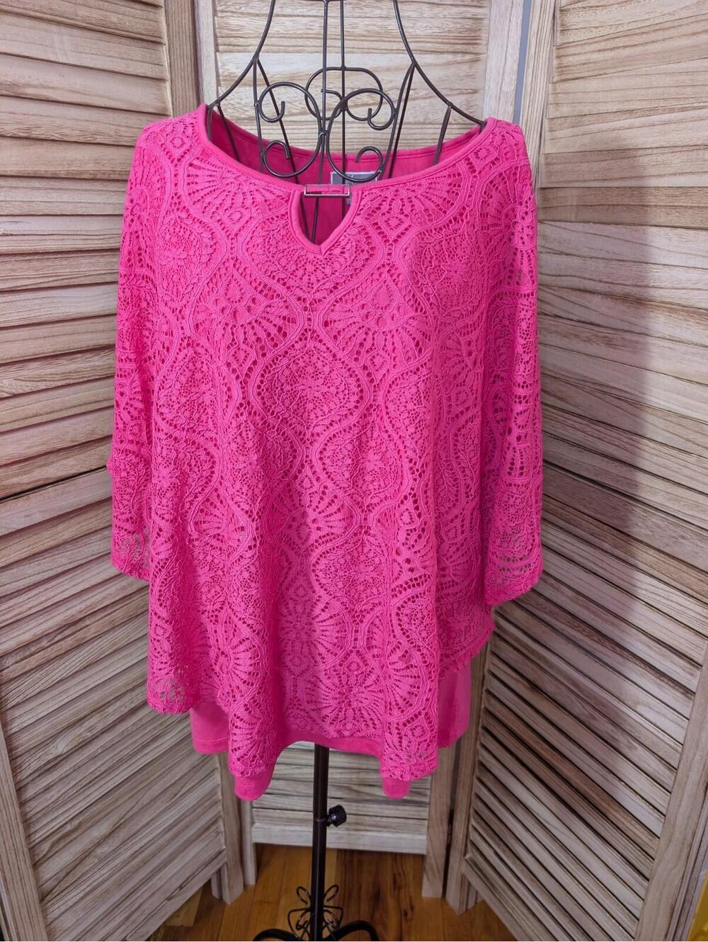 JM Collection Fuchsia Crochet Lace Long Sleeve Tunic 1X